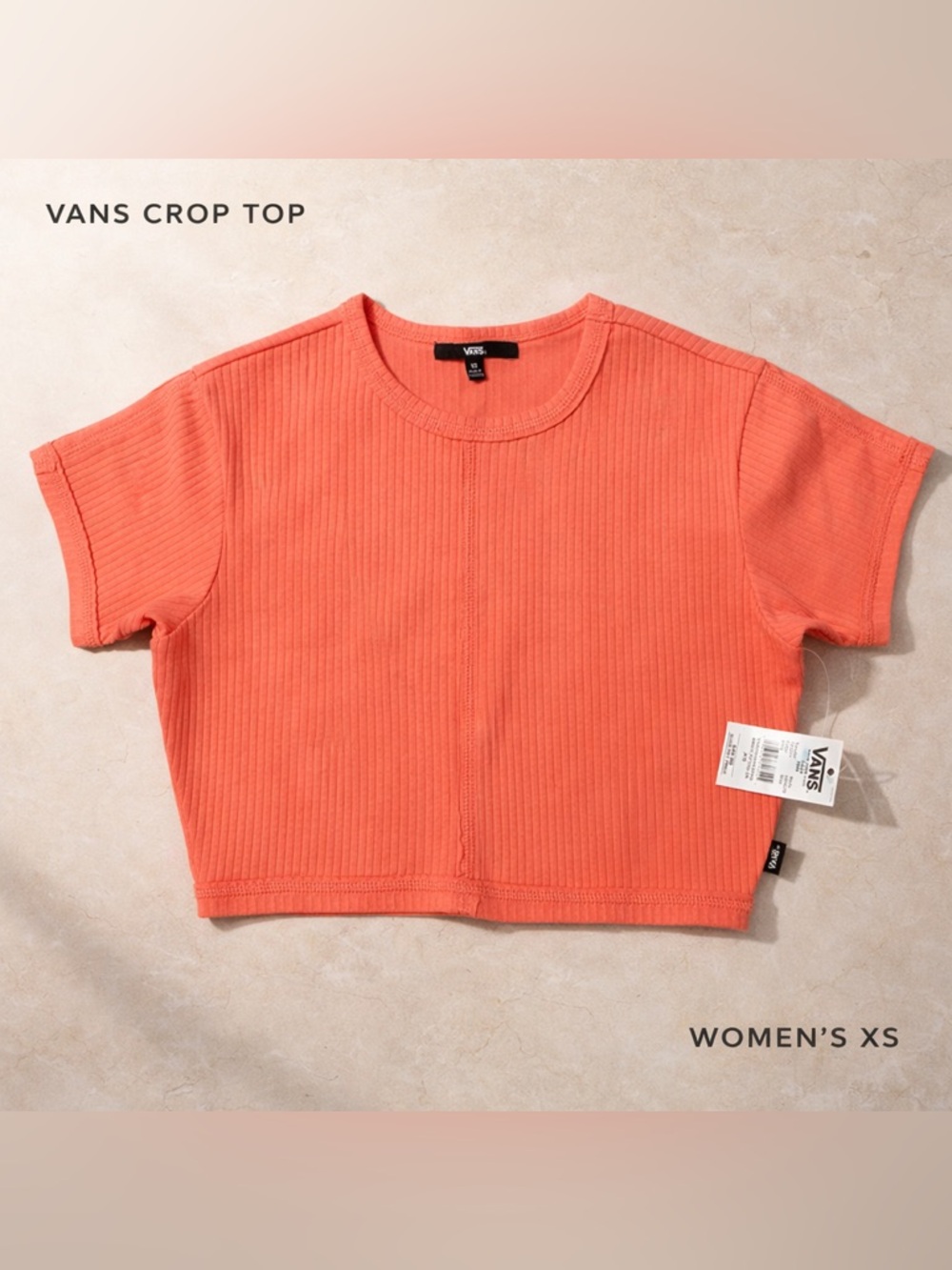 Vans Ribbed Crop Top Womens XS Coral Orange Fitted Short Sleeve Casual Tee